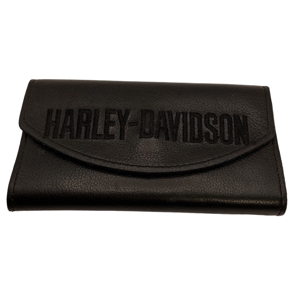 Harley Davidson Leather‎ Checkbook Wallet Black Snap Bifold Rider Embroidered